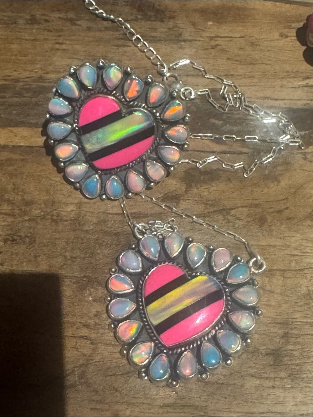 Set-Hot Pink Heart inlay Opal & green Aurora opal Necklace and adjustable ring